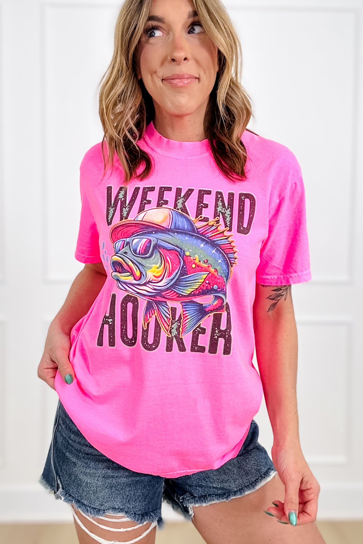 Plus/Reg Short Sleeve Bright Pink "Weekend Hooker" Graphic Tee - Freckled Poppy