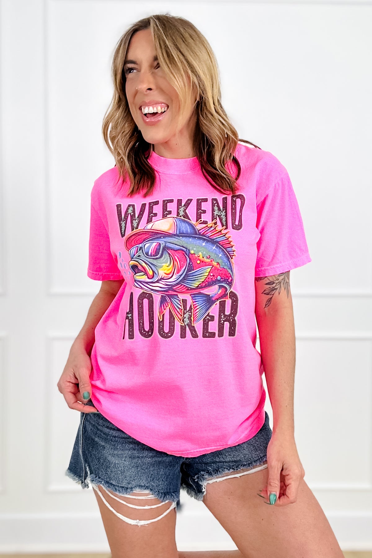 Plus/Reg Short Sleeve Bright Pink "Weekend Hooker" Graphic Tee - Freckled Poppy