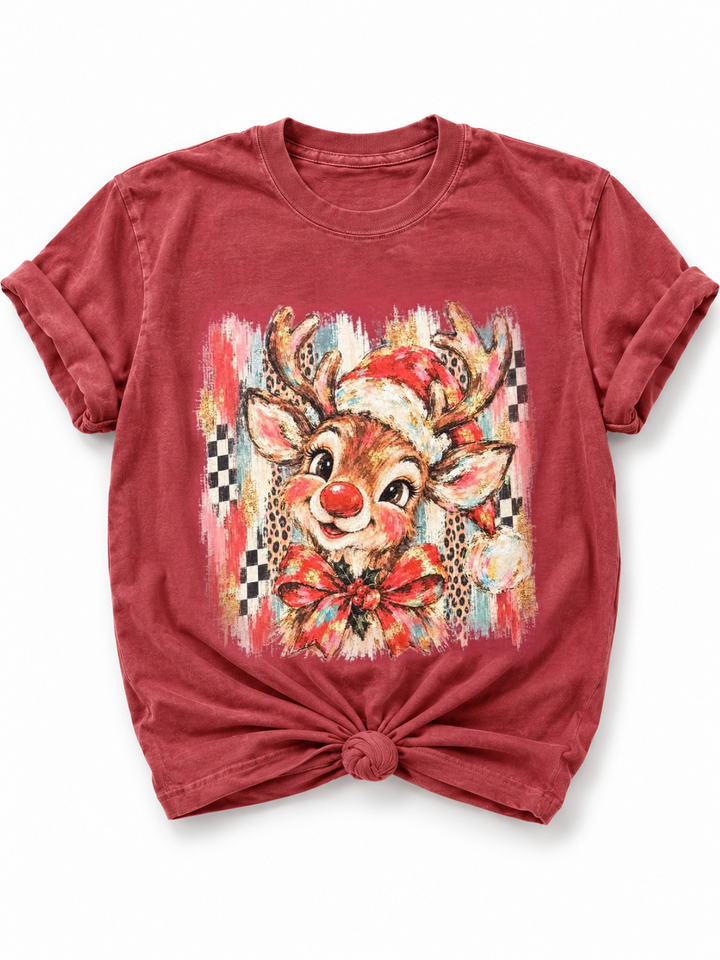 Plus/Reg Short Sleeve Vintage Red Nose Reindeer Christmas Graphic Tee - Freckled Poppy