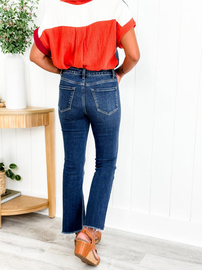 Vervet Girl's Night High Rise Dark Wash Raw Hem With Kick Flare - Freckled Poppy