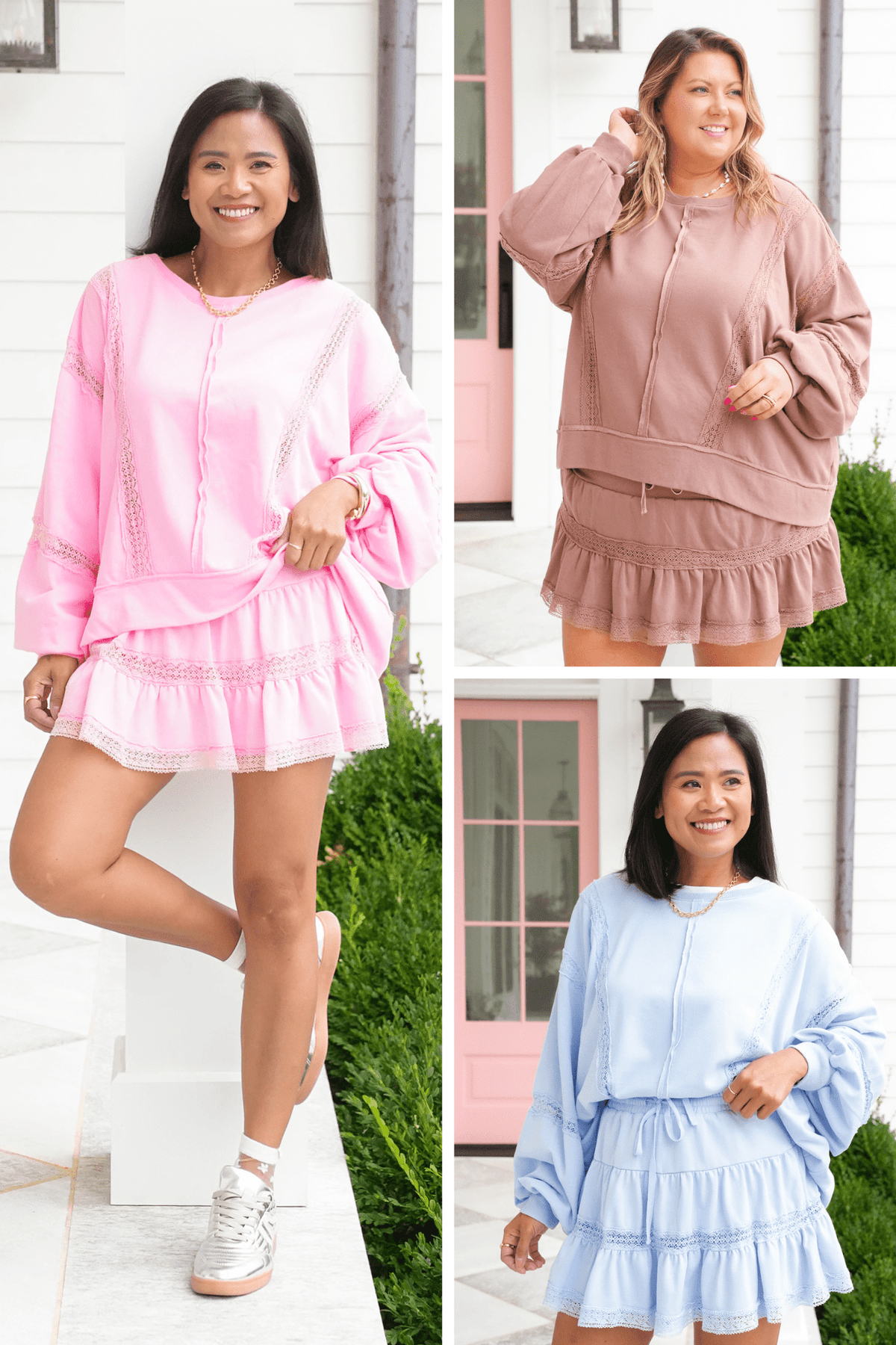 Lace Trim Long Sleeve Pullover Top and Skort Set - Freckled Poppy