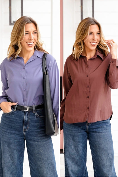 Solid Lightweight Collared Button Up Top - Freckled Poppy