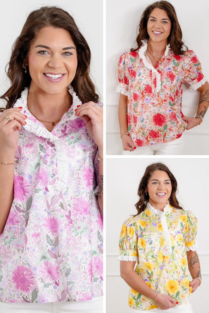 Floral Print Short Sleeve Half Button Up Top - Freckled Poppy