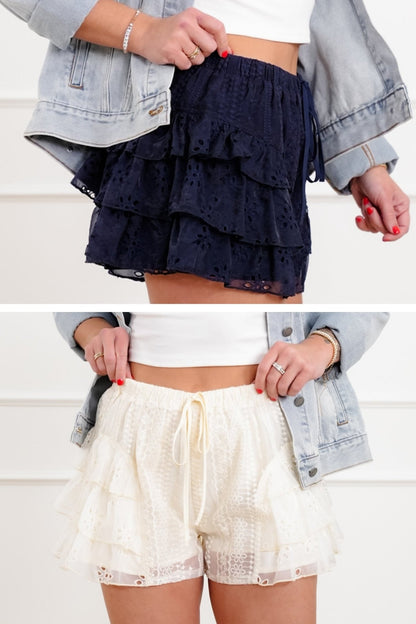 Lace Ruffle Tiered Elastic Waist Shorts - Freckled Poppy
