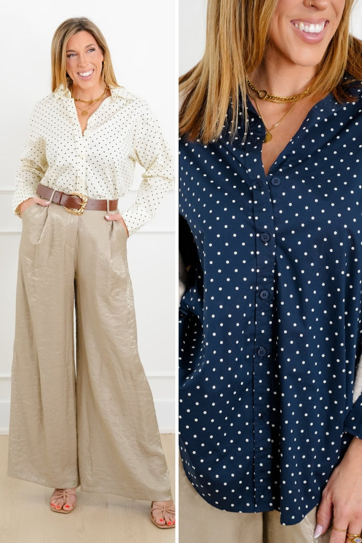 Polka Dot Long Sleeve Button Down Shirt - Freckled Poppy