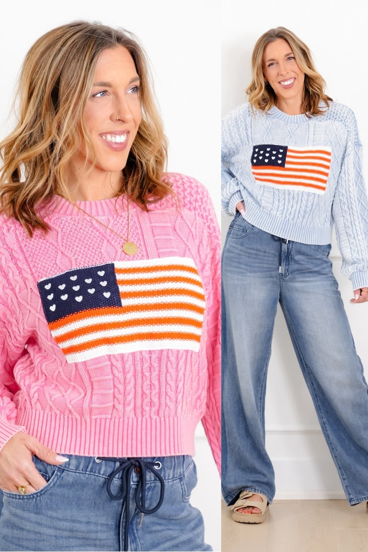 POL Long Sleeve Round Neck American Flag Sweater - Freckled Poppy