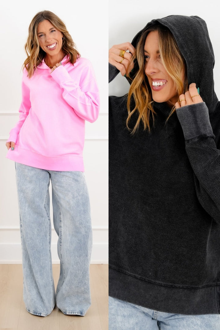 Plus/Reg Ribbed Long Sleeve Hooded Pullover Sweatshirt - Freckled Poppy
