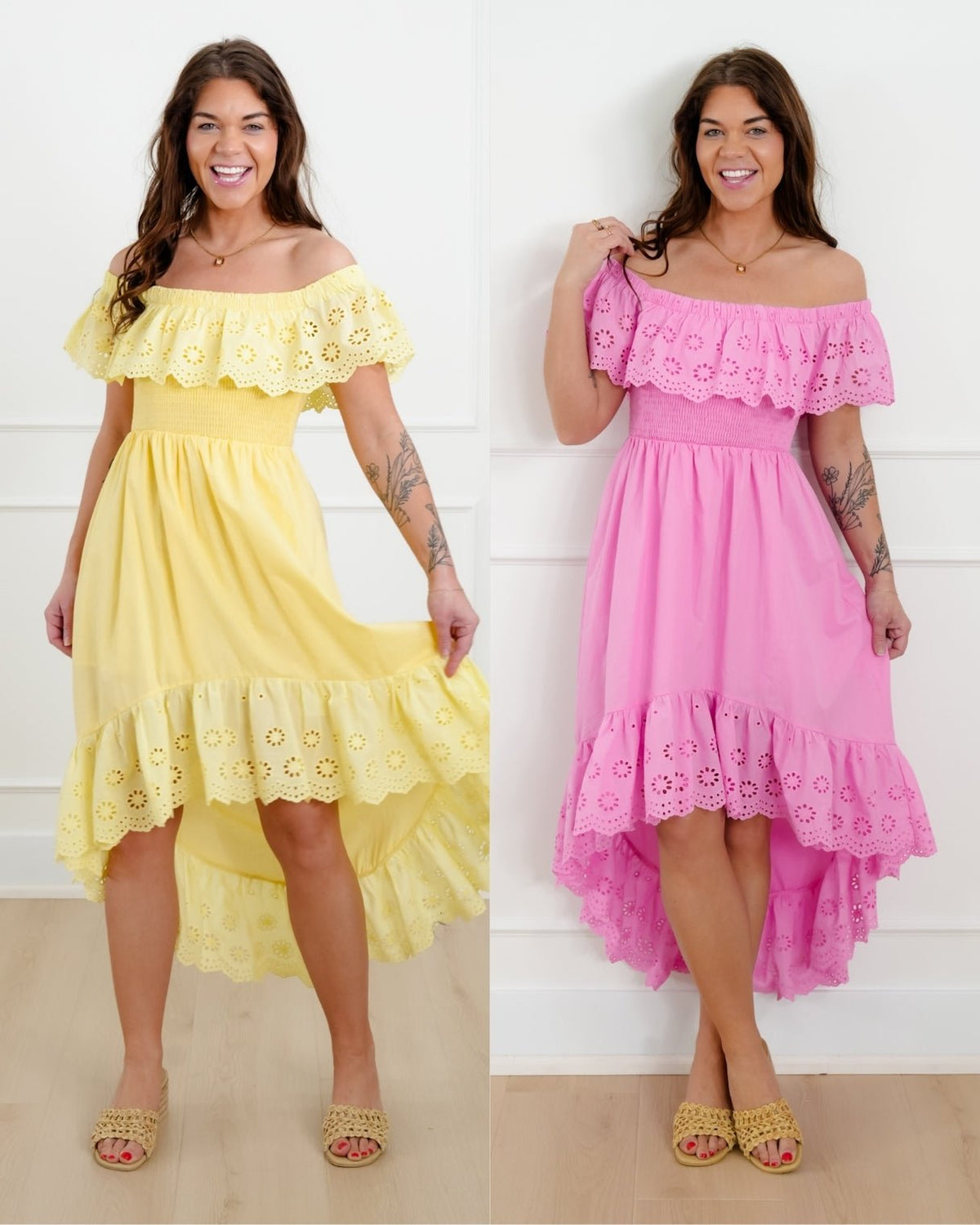 Off Shoulder High Low Dress with Eyelet Ruffle - Freckled Poppy