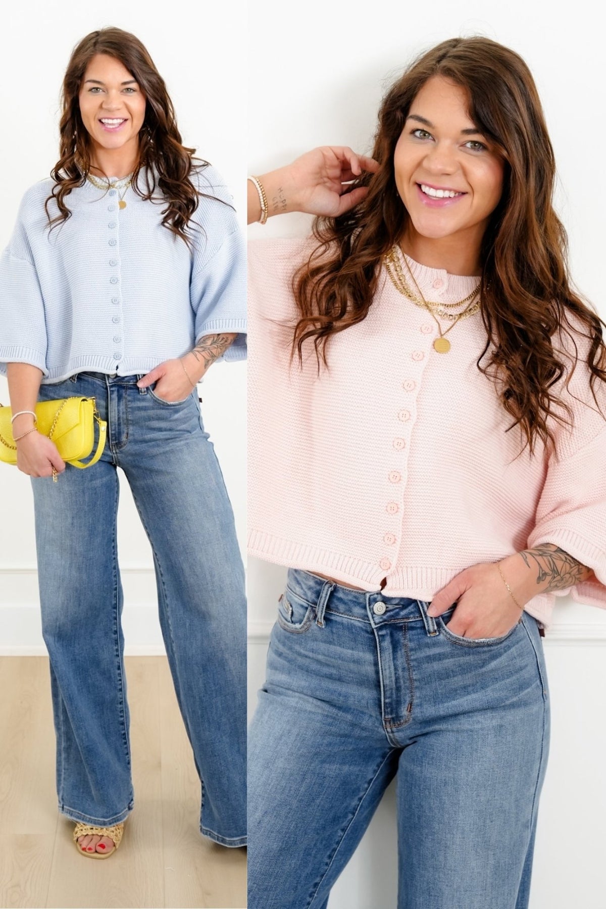 Knit 3/4 Sleeve Button Down Cardigan - Freckled Poppy