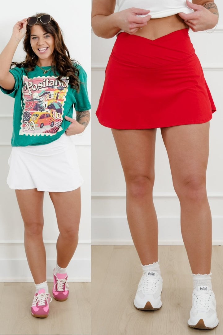 Solid Knit High Criss Cross V Waist Skort - Freckled Poppy