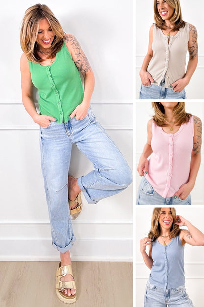 Ribbed Knit Button Down Tank Top - Freckled Poppy