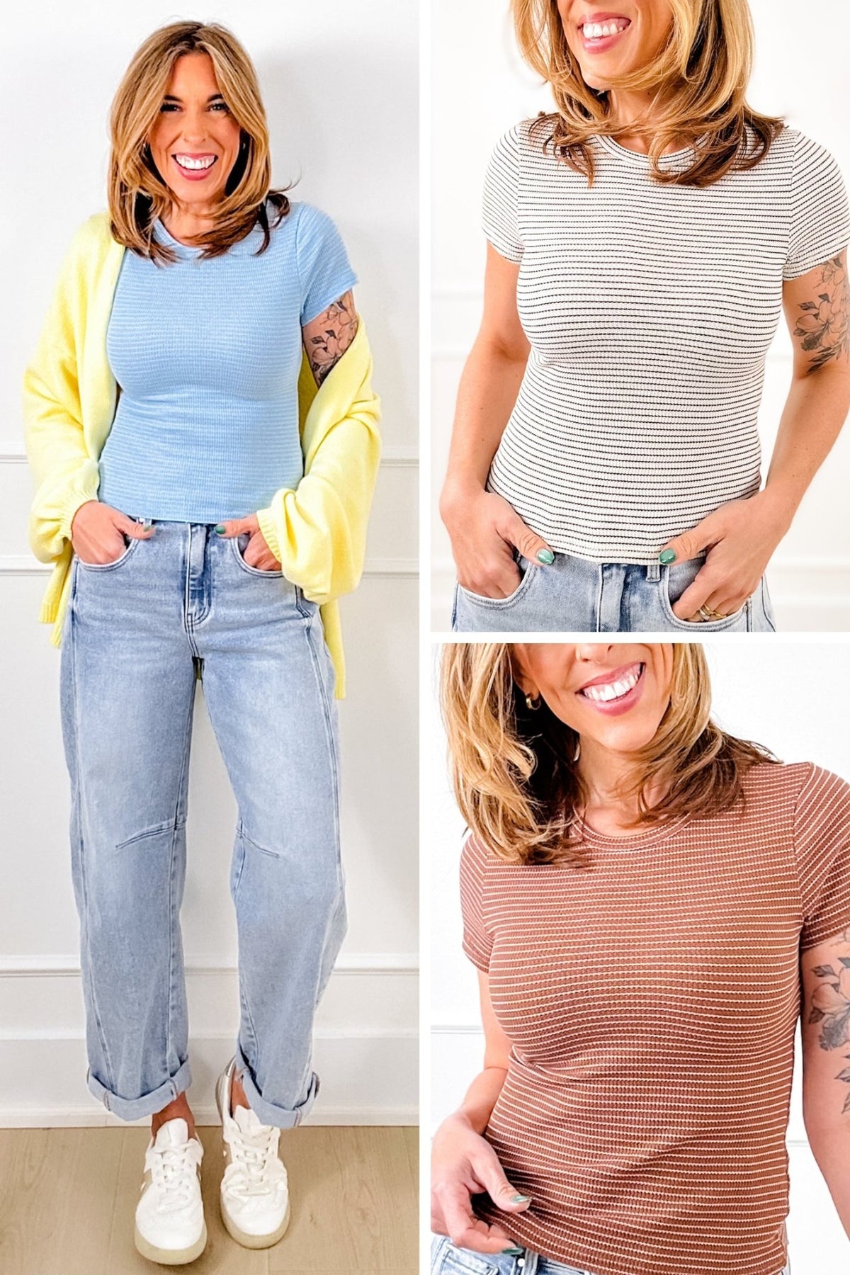 Striped Ribbed Knit Short Sleeve Crew Neck Top - Freckled Poppy