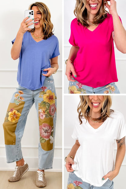 Plus/Reg Solid Relaxed Fit Short Sleeve V Neck Top - Freckled Poppy