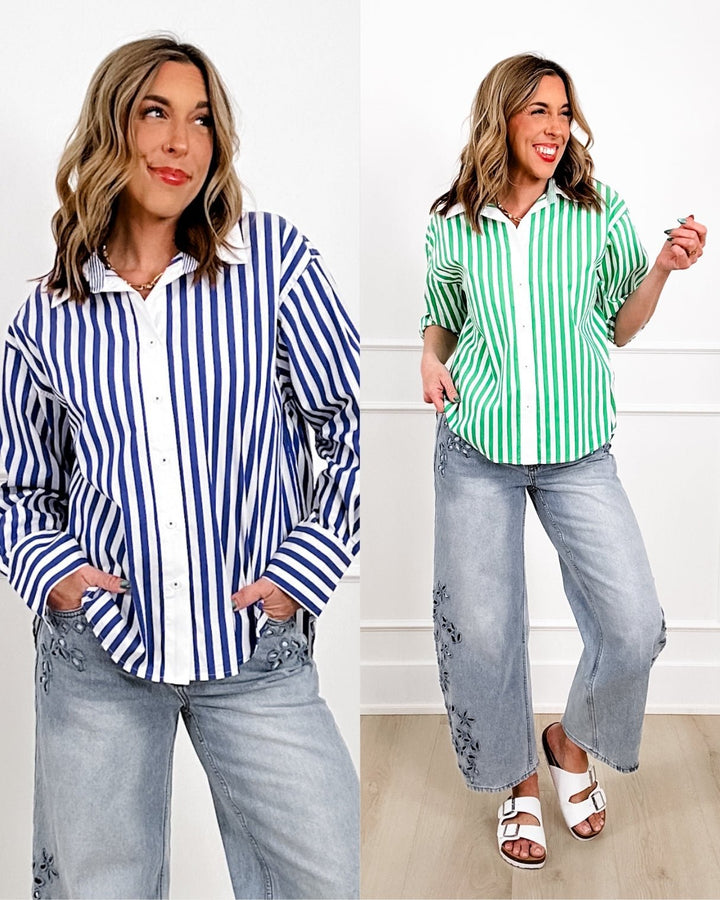 Restock! Stripe Long Sleeve Poplin Button Down Shirt - Freckled Poppy