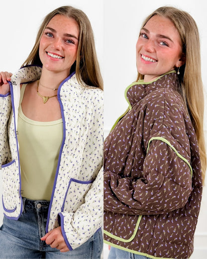 Floral Print Quilted Long Sleeve Jacket with Piping Trim - Freckled Poppy