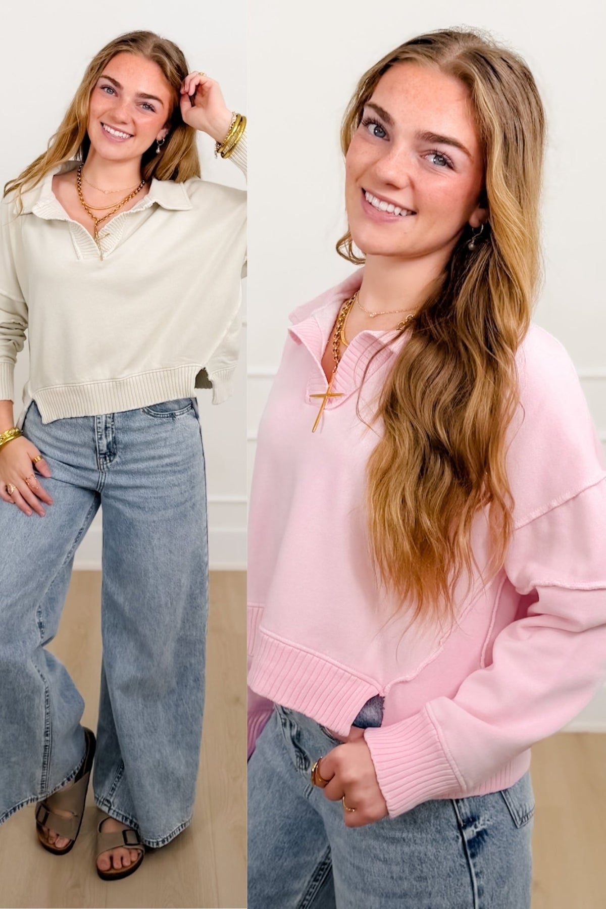 Mineral Wash Long Sleeve V Neck Sweatshirt - Freckled Poppy