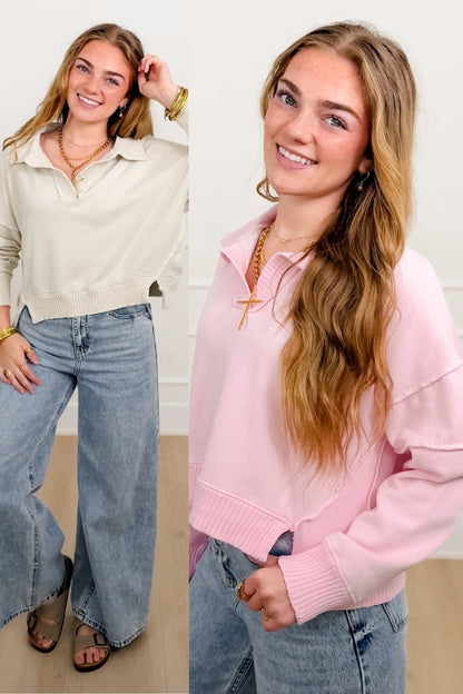 Mineral Wash Long Sleeve V Neck Sweatshirt - Freckled Poppy