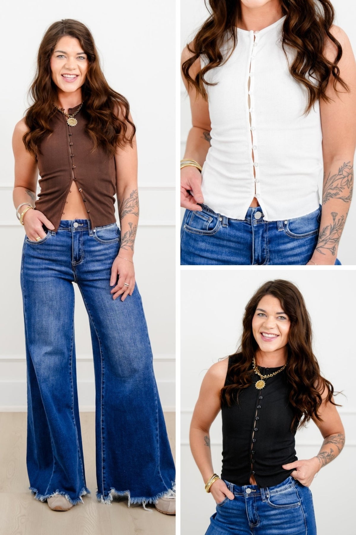 Textured Sleeveless Button Up Tank Top - Freckled Poppy