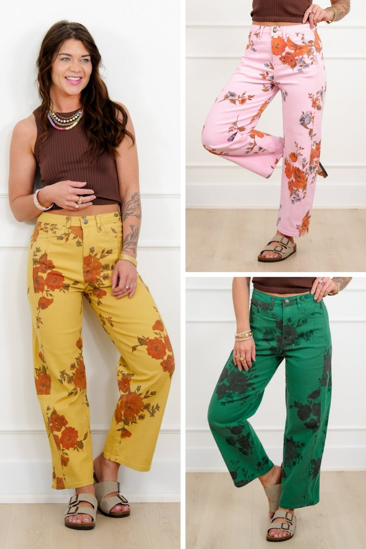 Floral Print Twill High Rise Barrel Pants - Freckled Poppy