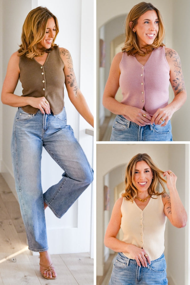 Plus/Reg Solid Button Down Sweater Vest - Freckled Poppy
