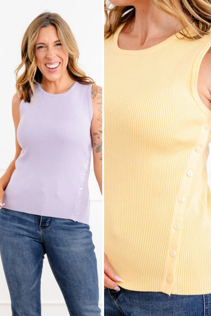 Ribbed Sleeveless Tank Top with Button Accent - Freckled Poppy