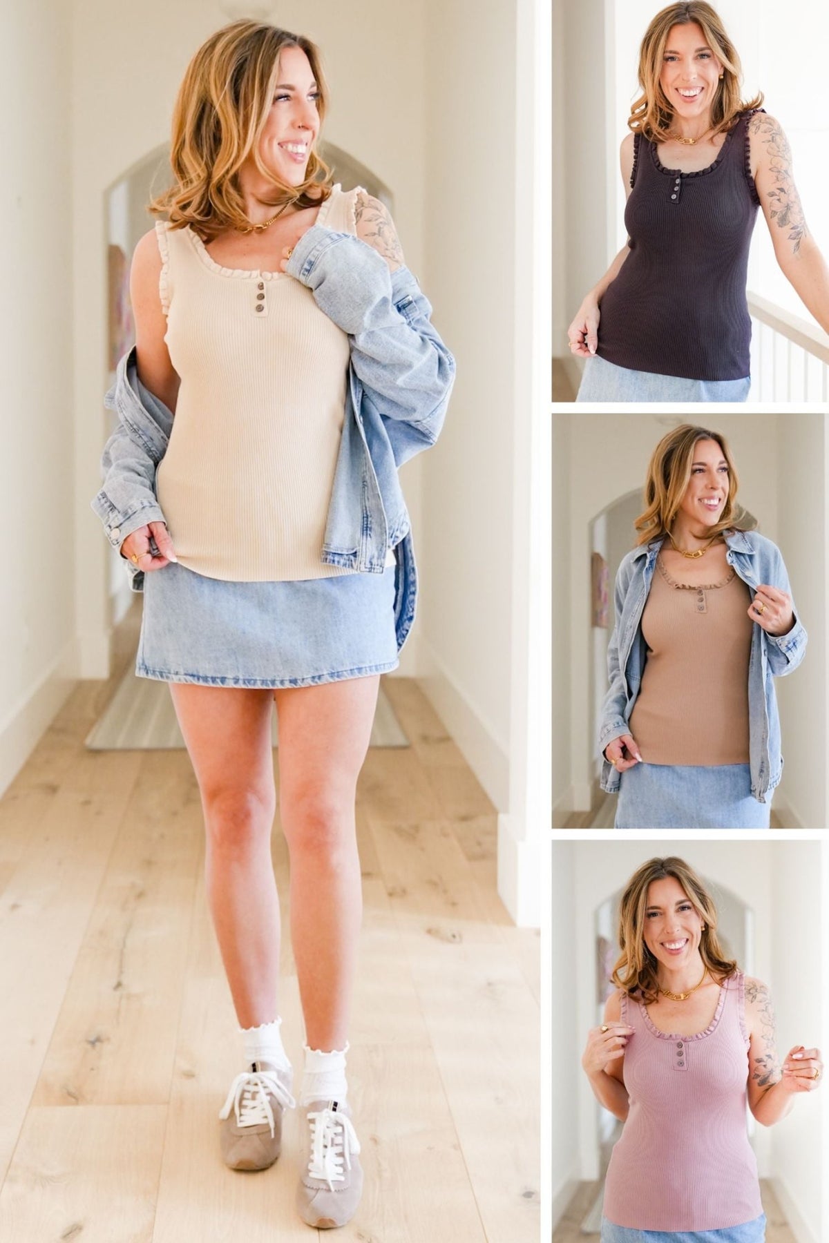Ribbed Sleeveless Tank Top with Front Buttons - Freckled Poppy