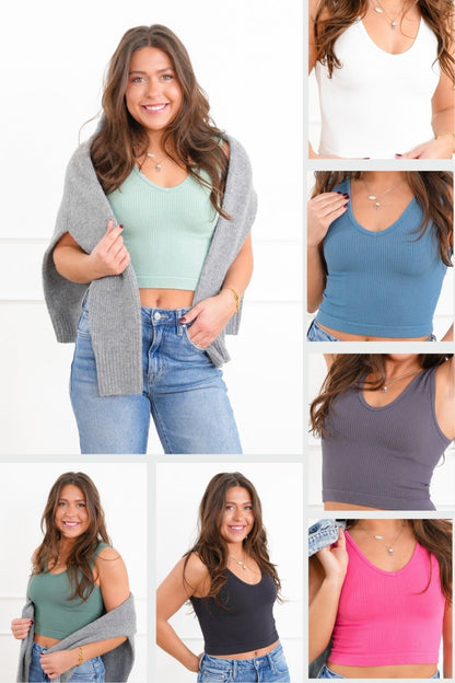 Ribbed Knit Reversible U/V Neck Cropped Tank Top - Freckled Poppy