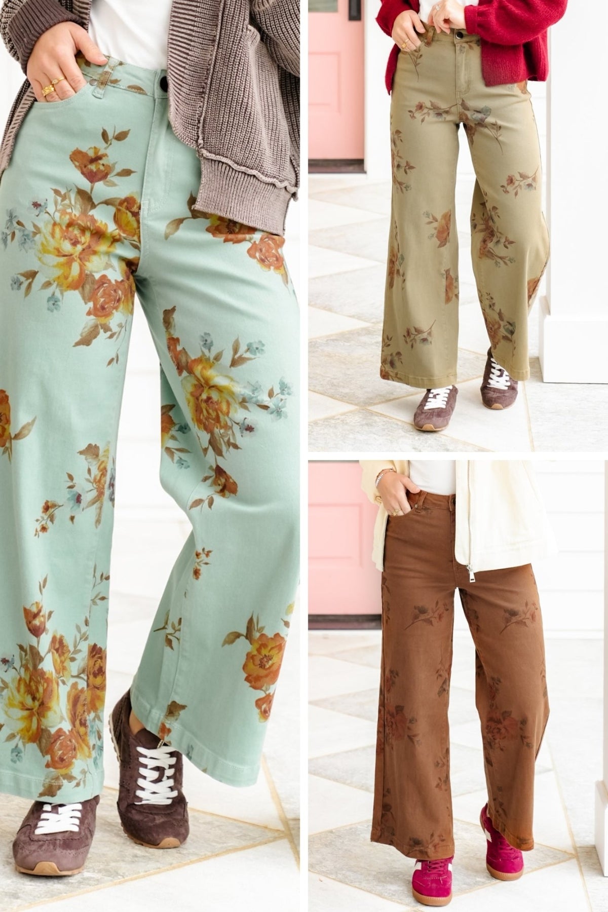 Plus/Reg Floral Print High Waisted Wide Leg Pants - Freckled Poppy