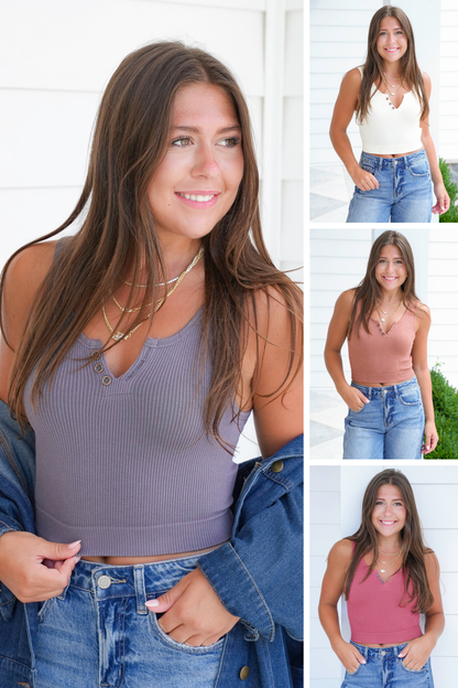 Seamless Square Neck Wide Shoulder Button Down Crop Tank
