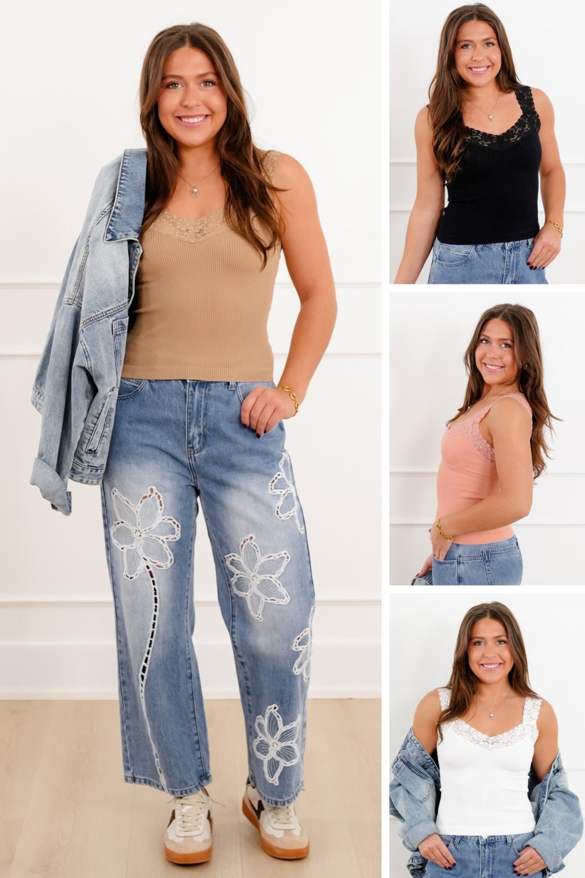 Ribbed Knit Tank Top with Lace - Freckled Poppy