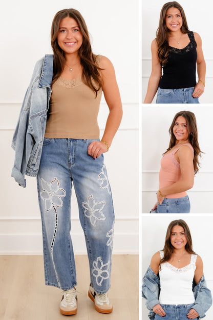 Ribbed Knit Tank Top with Lace - Freckled Poppy