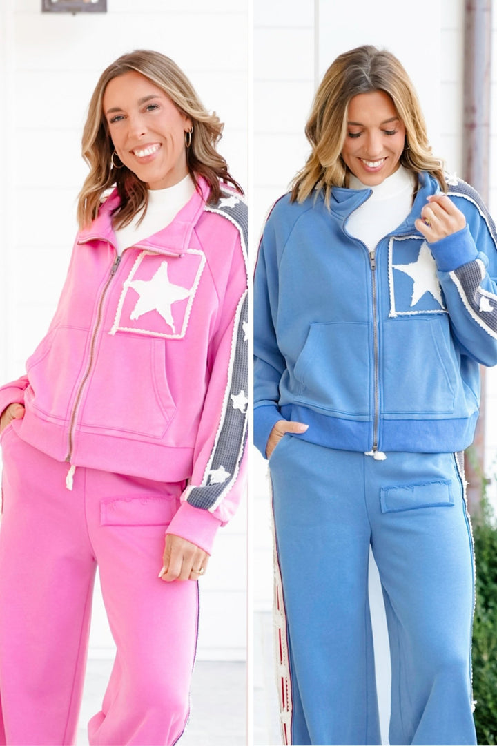 POL Long Sleeve Zip Up Sweatshirt with Star Print - Freckled Poppy