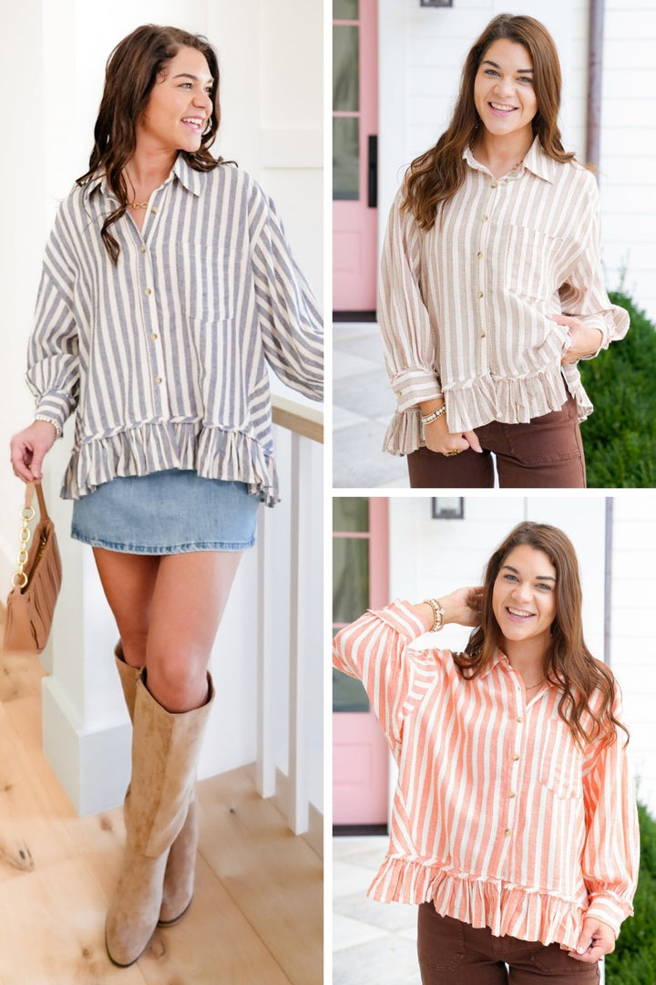 Striped 3/4 Sleeve Button Down Ruffle Top - Freckled Poppy