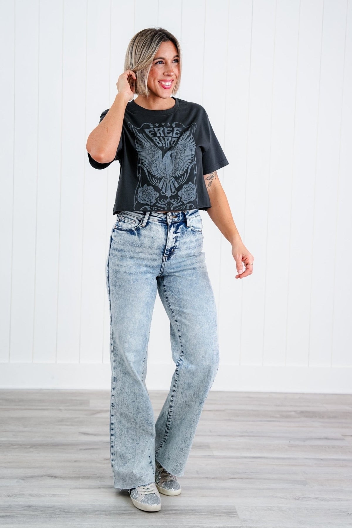 Judy Blue Bad Blood High Rise Light Mineral Wash Raw Hem Wide Leg Jeans - Freckled Poppy