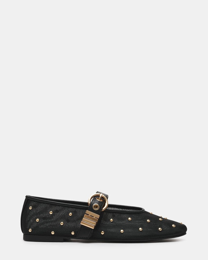 Steve Madden Mesh Flats with Gold Tone Studs and Metal Buckle Strap - Freckled Poppy