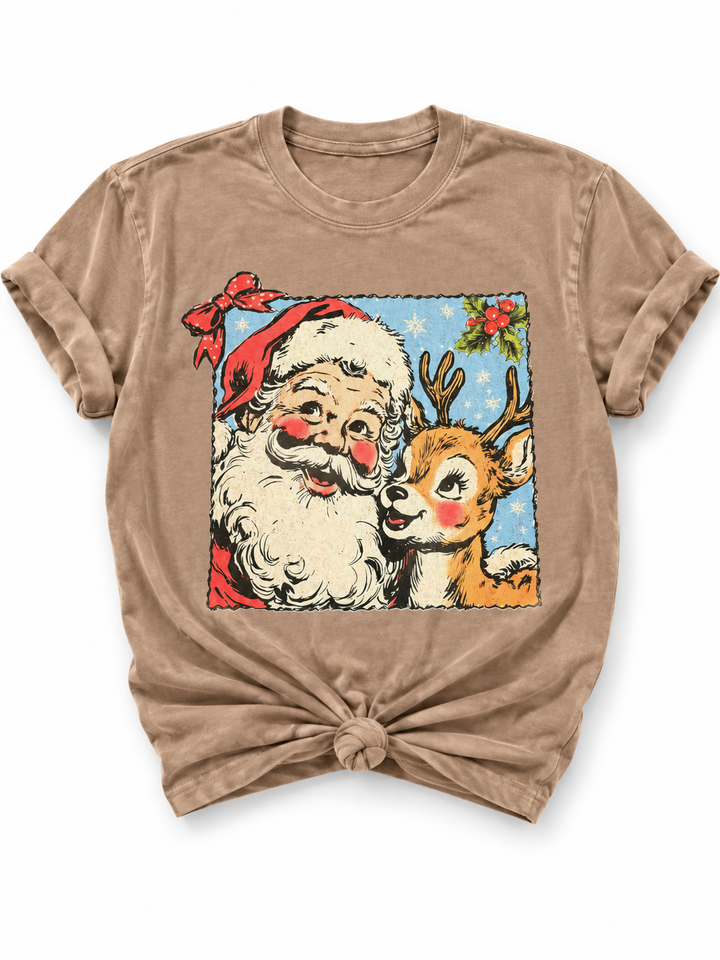 Plus/Reg Short Sleeve Vintage Santa and Reindeer Graphic Tee - Freckled Poppy