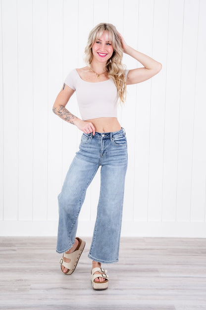 Risen Secret Sauce High Rise Medium Wash Cropped Wide Leg Jeans - Freckled Poppy