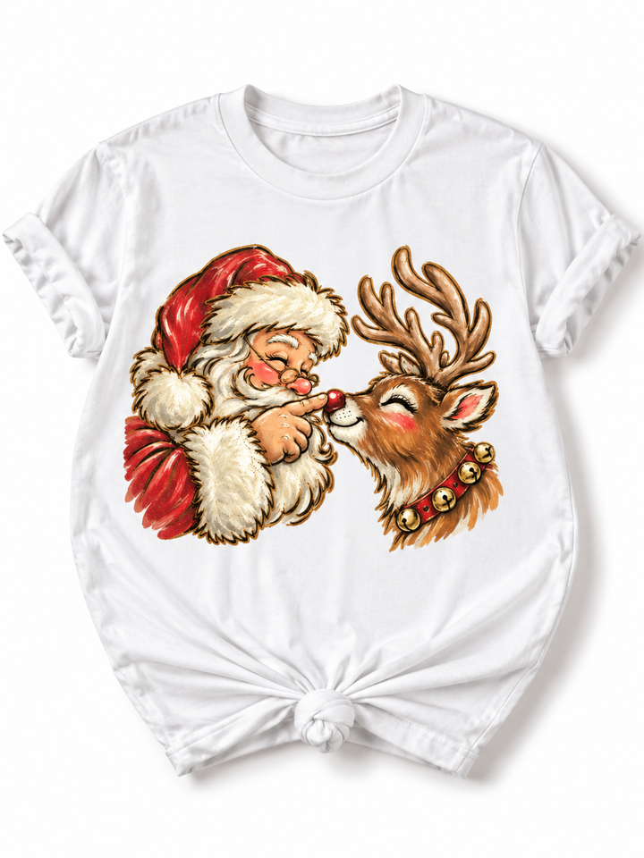 Plus/Reg Short Sleeve Santa and Rudolph Christmas Graphic Tee - Freckled Poppy