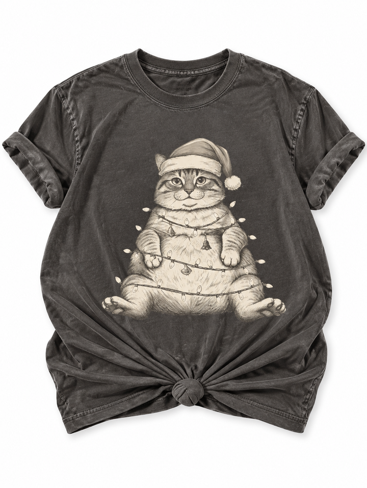 Plus/Reg Short Sleeve Santa Cat Wrapped in Christmas Lights Graphic Tee - Freckled Poppy