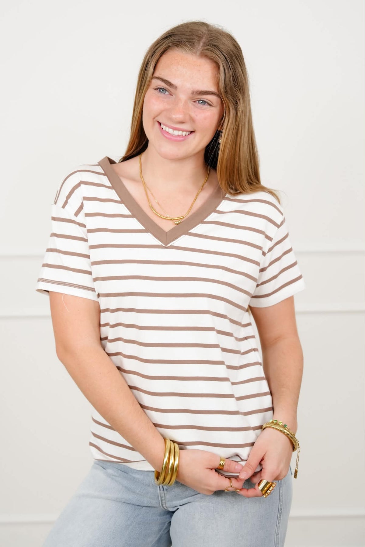 Door Buster! Plus/Reg Zenana Striped V Neck Tee Shirts - Freckled Poppy