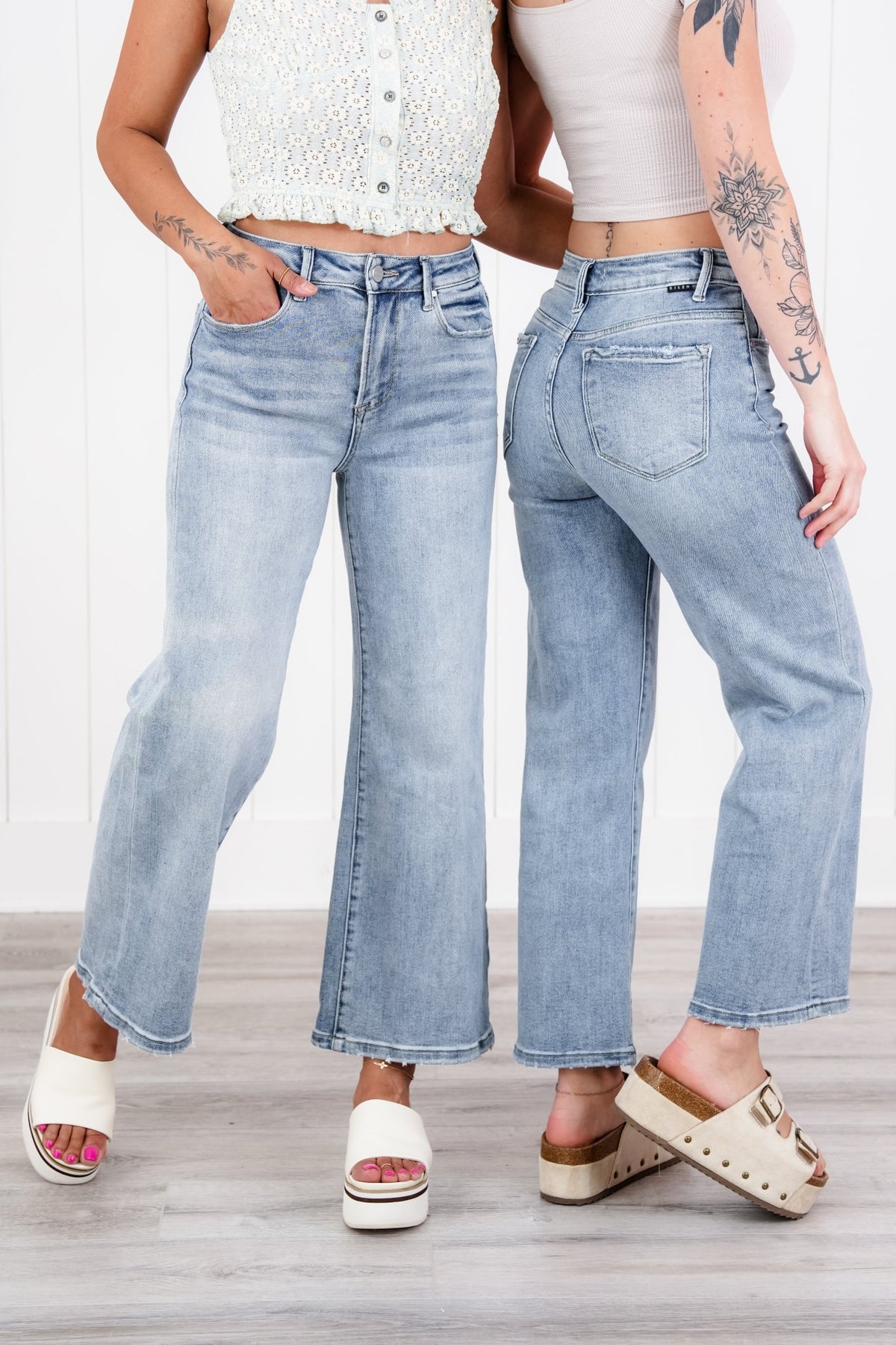 Risen Secret Sauce High Rise Medium Wash Cropped Wide Leg Jeans - Freckled Poppy