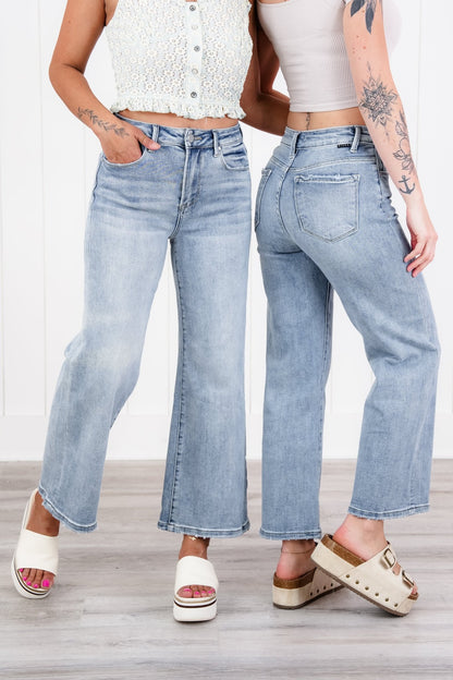 Risen Secret Sauce High Rise Medium Wash Cropped Wide Leg Jeans - Freckled Poppy