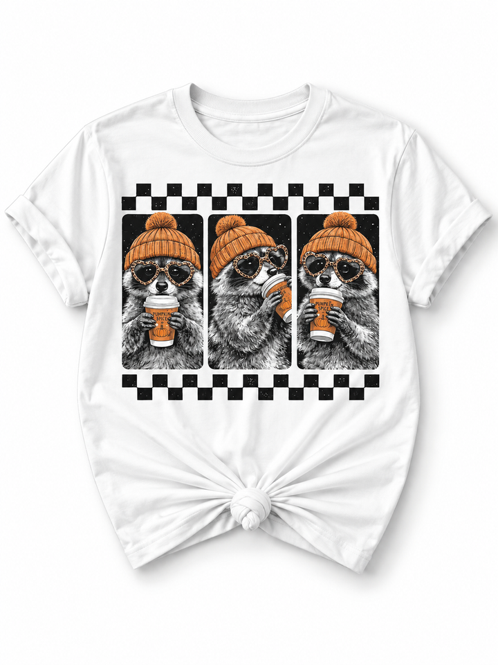 Plus/Reg Short Sleeve Pumpkin Spice Racoon Graphic Tee - Freckled Poppy