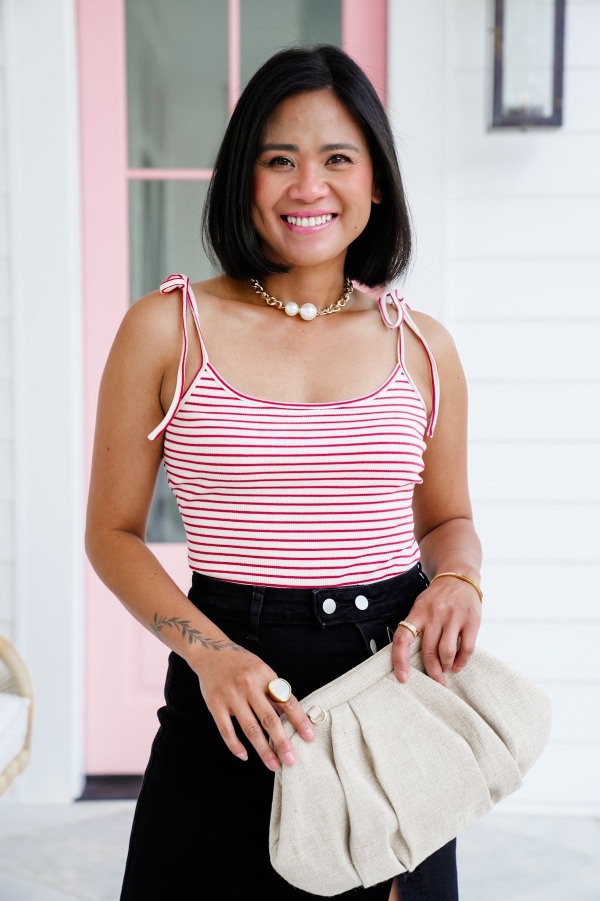 Stripe Sleeveless Shoulder Tie Bodysuit - Freckled Poppy