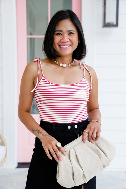 Stripe Sleeveless Shoulder Tie Bodysuit - Freckled Poppy