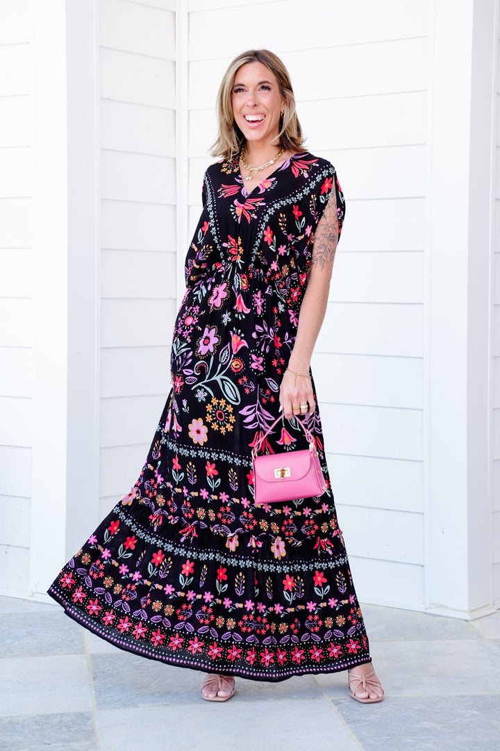Black Floral Print Short Dolman Sleeve Maxi Dress with Side Pockets - Freckled Poppy
