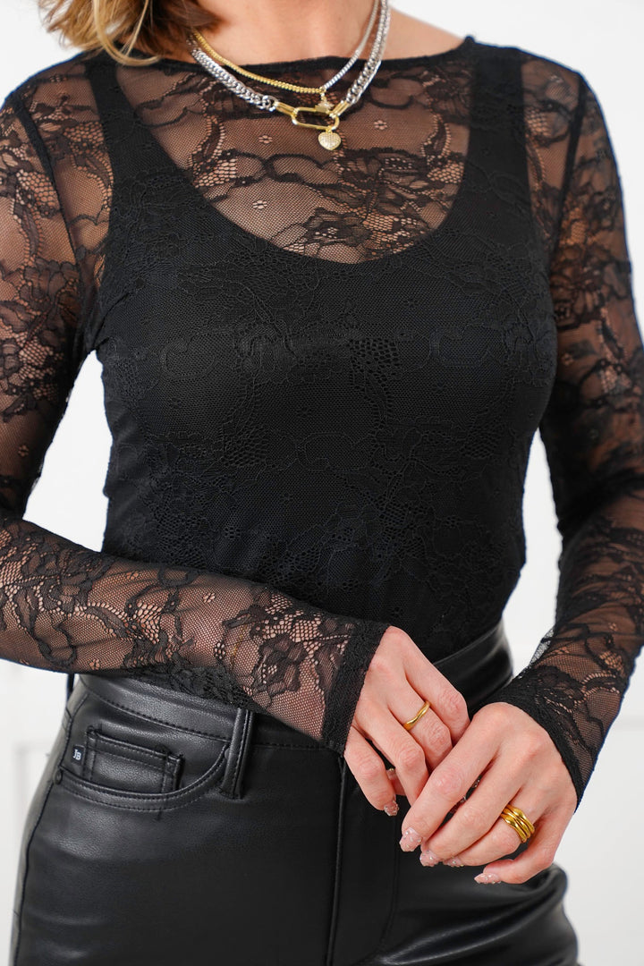 Plus/Reg Black Lace Long Sleeve Round Neck Bodysuit - Freckled Poppy