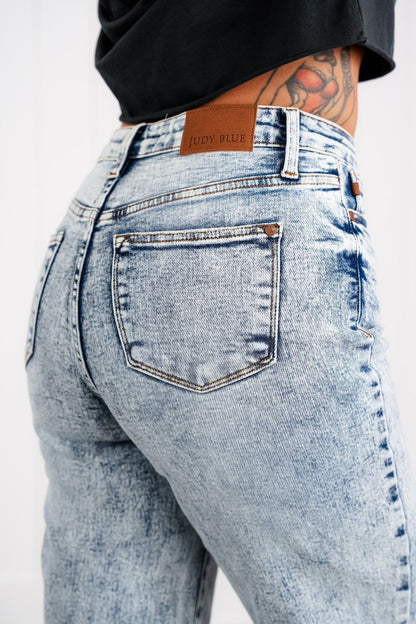 Judy Blue Bad Blood High Rise Light Mineral Wash Raw Hem Wide Leg Jeans - Freckled Poppy