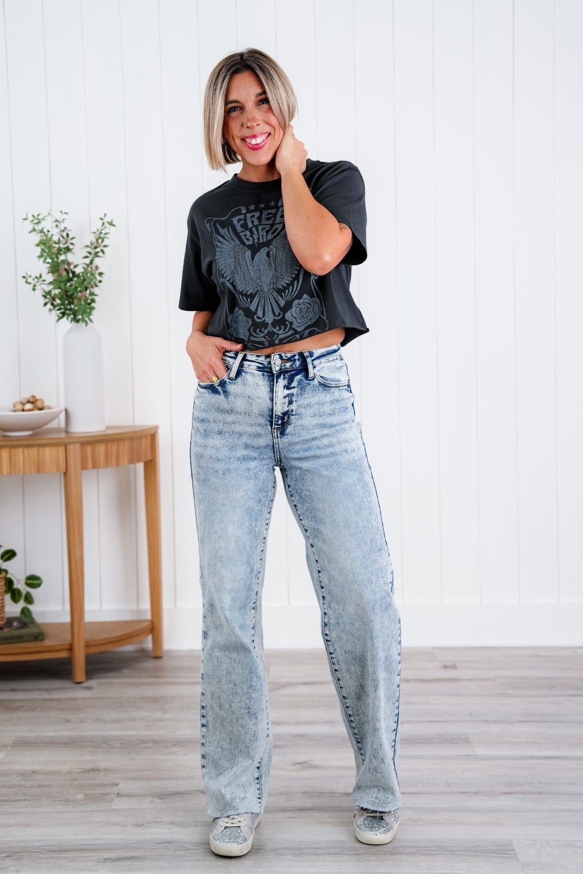 Judy Blue Bad Blood High Rise Light Mineral Wash Raw Hem Wide Leg Jeans - Freckled Poppy