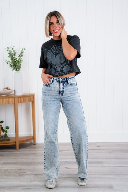 Judy Blue Bad Blood High Rise Light Mineral Wash Raw Hem Wide Leg Jeans - Freckled Poppy